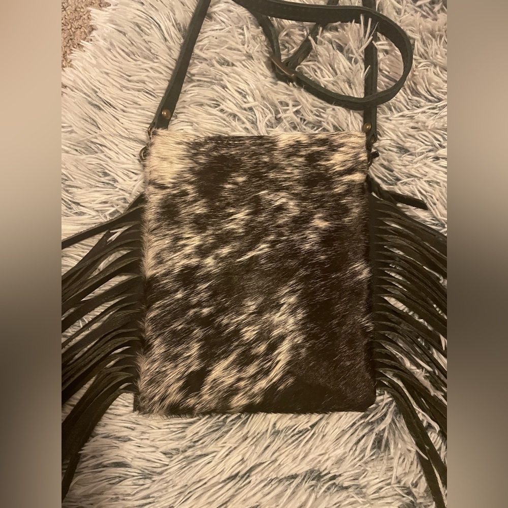 BLACK COWHIDE LEATHER FRINGE PURSE CROSSBODY